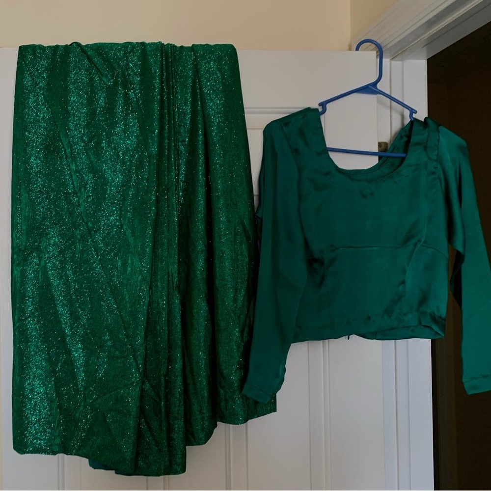 Pakistani or Indian Emerald Green Glitter pleated belt Saree / sari with Blouse